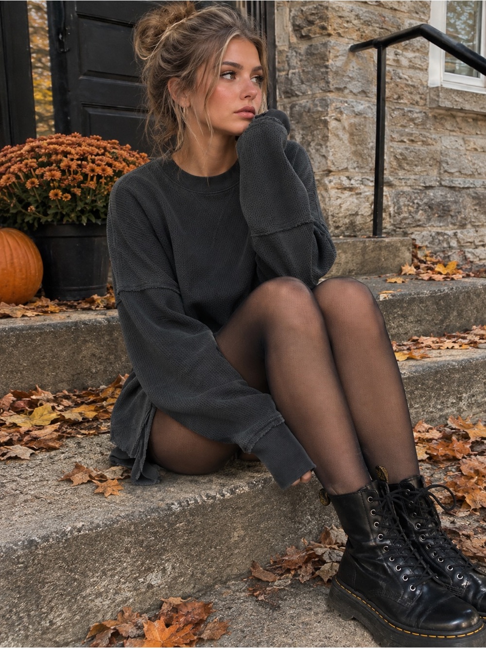 Aerie Waffle Knit Oversized Crewneck Sweatshirt Black Medium